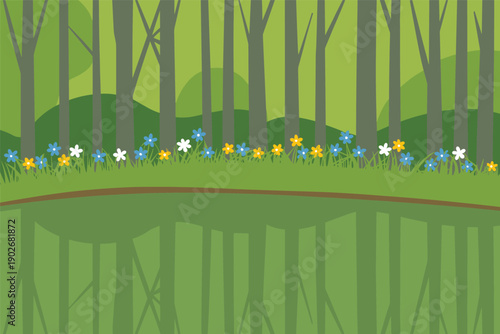 Forest Edge with Water Reflection, tranquil landscape concept