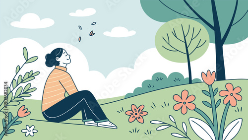 A peaceful woman enjoys a moment of relaxation on a grassy hill surrounded by flowers and trees