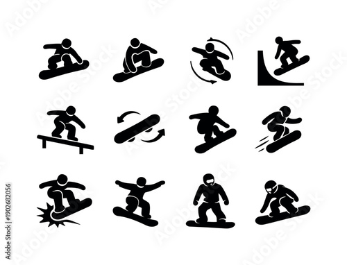 Snowboarding Tricks. Solid icon set of Snowboarding Tricks: jump trick, grab move, spin icon, halfpipe ride, rail slide, board flip, trick