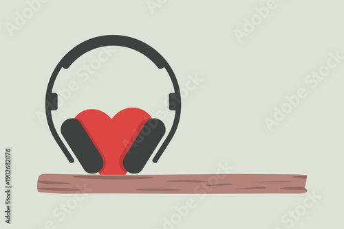 Love for Music Heart Wearing Headphones, passion for music concept with copy space