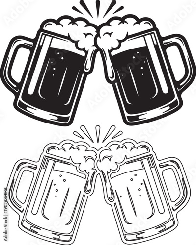 Two Black And White Beer Mugs Clinking Together With Foam Overflowing And Bubbles