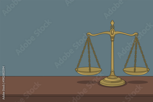 Golden Scales of Justice on a Wooden Surface, law and fairness concept with copy space