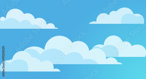Stylized cartoon clouds float across a gradient blue sky background