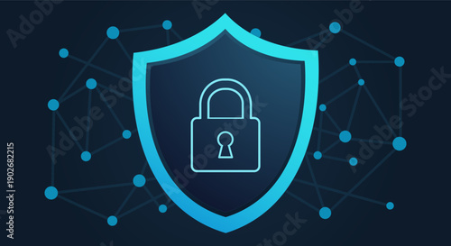 Digital shield with padlock icon and network connections, representing cybersecurity and data protection