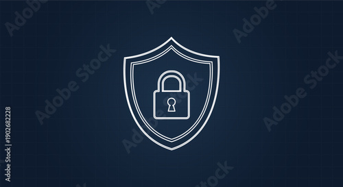 Digital security concept with a shield and padlock icon on a dark blue grid background
