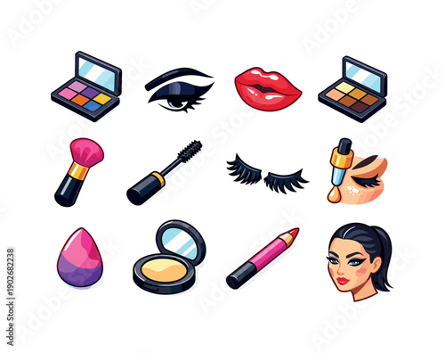 Runway makeup. Colorful isometric vector icons set of runway makeup: bold eyeshadow, graphic eyeliner, glossy lips, contour palette, blush