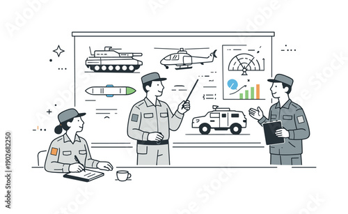 Military hardware briefing. Simple characters reviewing diagrams and schematics of equipment on a board, calm discussion and analysis. The