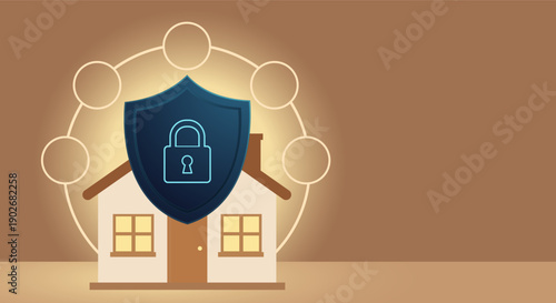 Digital security shield with padlock icon protecting a house, representing home safety and data protection