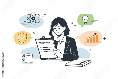 Professional relevance anxiety. A calm editorial scene showing a professional checking their skills profile while abstract future role icons