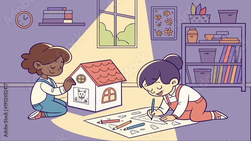 Two young girls engaged in creative play with a toy house and coloring book in a cozy purple room