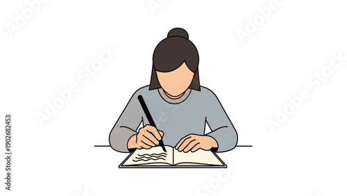 Woman Writing in Notebook with Pen.