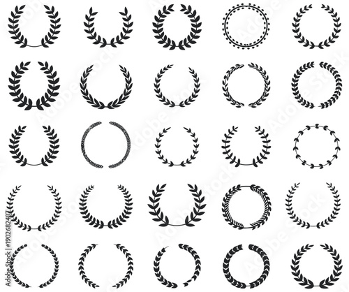 Circular laurel foliate vector icon set, wreath emblems, achievement icons, award symbols, honor and success, decorative circular design, isolated, flat vector illustration