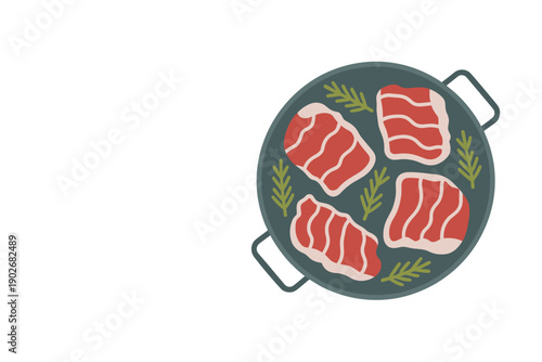 Raw Meat in Pan with Herbs, cooking preparation concept with copy space