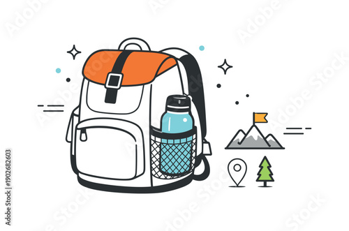 Hiking Backpack Detail. Flask in backpack pocket. A thermal bottle peeking from a side mesh pocket of a hiking backpack, small floating dots and motion lines