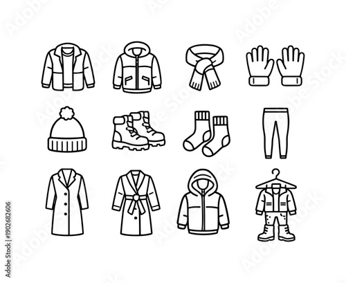 Winter Outfit Icons. Cold Weather Outfit. Line icon set of Cold Weather Outfit: layered outfit, winter jacket, scarf knot, gloves pair, beanie hat, warm boots,