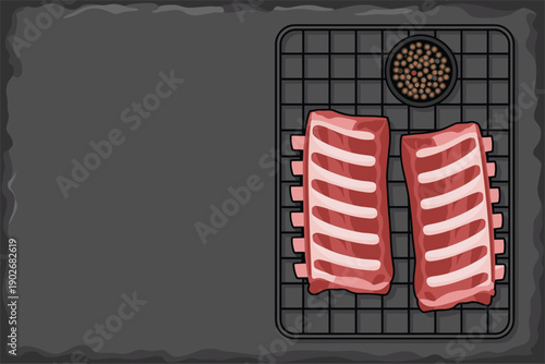 Raw Pork Ribs on a Wire Rack with Peppercorns, barbecue preparation concept with copy space
