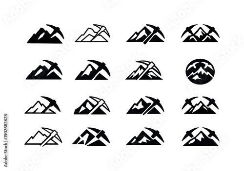 Gold seeker. Icon set. Set Logo of Gold seeker: pickaxe and mountain. harmonious logo variations of the same emblematic concept, each with