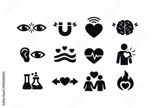 attraction process. Solid icon set of attraction process: eye contact spark, magnetic pull, heart signal, brain stimulus, sensory input,