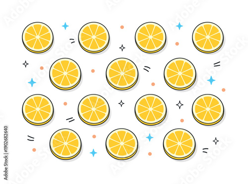 Lemon slices flat lay. Evenly spaced lemon slices viewed from above, forming a calm and graphic pattern. The illustration conveys freshness,