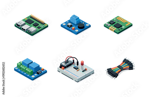 IoT development. Isometric flat vector icons set of IoT development: single board computer, sensor module board, wireless communication
