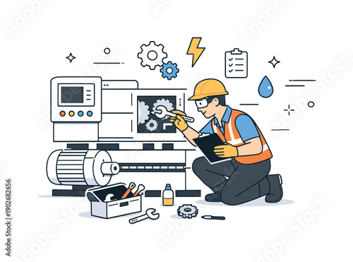 Industrial machinery. Technician performing routine maintenance on a large machine, focused work and safety awareness. Calm atmosphere with