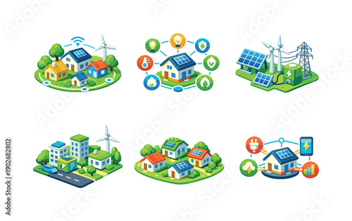 Sustainable smart homes. Isometric flat vector icons set of sustainable smart homes: connected eco neighborhood, smart house network nodes,