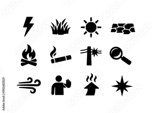 Wildfire Causes. Solid icon set of Wildfire Causes: lightning strike, dry vegetation, heat sun, drought ground cracks, campfire, discarded