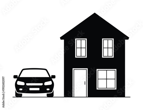 Black and white vector illustration showing house and car
