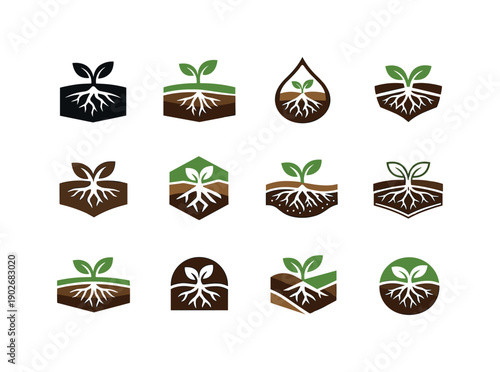Soil fertility. Icon set. Set Logo of soil fertility: soil cross-section with roots. harmonious logo variations of the same emblematic