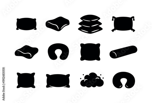 Pillow Icon Set. Extra Pillow. Solid icon set of Extra Pillow: soft pillow, memory foam pillow, stacked pillows, decorative pillow, orthopedic pillow, travel