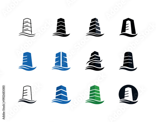 Air purification towers. Icon set. Set Logo of air purification towers: vertical filtration tower. harmonious logo variations of the same