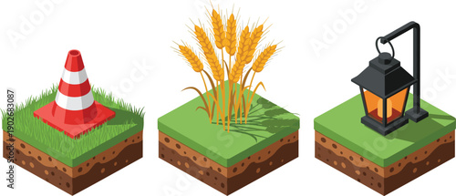 Isometric terrain plot illustration featuring traffic cone on grass, golden wheat stalks, and glowing lantern post for modular construction, agriculture, and outdoor design assets