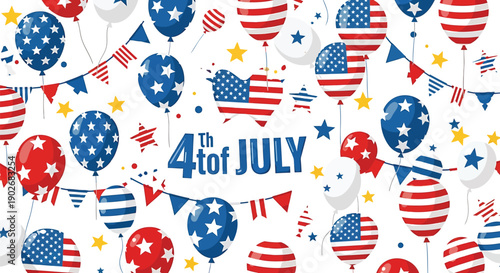 4th of july patriotic background with american flag balloons and banners on white