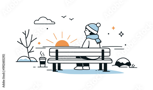 Low winter sunlight. A minimal outdoor bench scene touched by low sunlight, suggesting pause and calm during a cold day. Gentle shadows