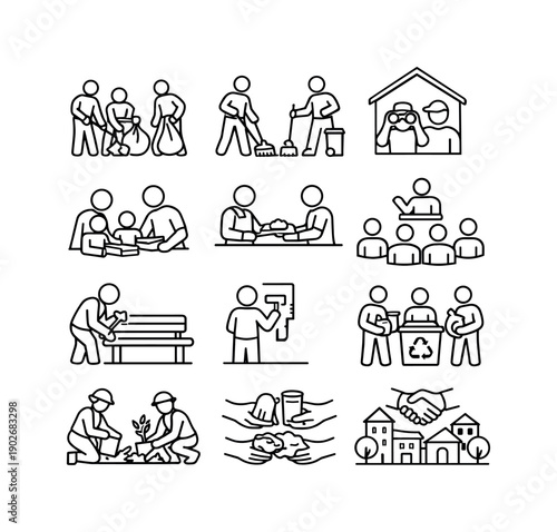 Community Service. Line icon set of Community Service: team cleanup, street sweeping, neighborhood watch, tutoring kids, soup kitchen,