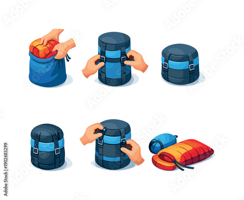 Sleeping Bag Packing Icons. Packing process. Isometric flat vector icons set of packing process: stuffing sleeping bag into sack, tightening compression