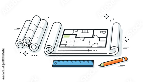 Blueprints and Tools. Architectural blueprints overview. Rolled and open blueprints neatly arranged with simple tools like a ruler and pencil. The composition