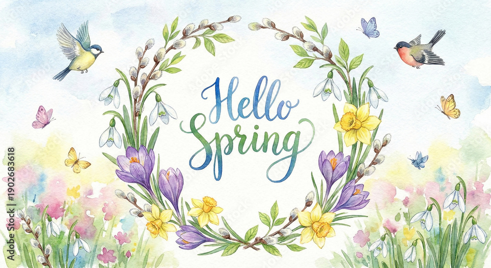Fototapeta premium Watercolor spring wreath with crocuses, daffodils, snowdrops, birds, and butterflies. Hand-drawn floral illustration with Hello Spring lettering for greeting cards and seasonal decor