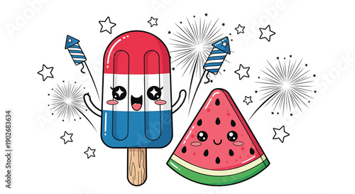 Colorful cartoon popsicle and watermelon slice with fireworks and stars on white background celebrating summer