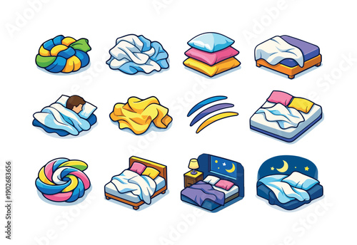 Tangled Bedding Icons. Tangled bedding. Colorful isometric vector icons set of tangled bedding: knotted blanket, wrinkled sheets, pillow pile, bed corner,