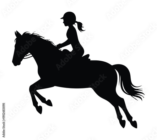 female horse and rider jumping silhouette vector illustration, black isolated on white