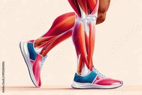 Illustration of leg muscles in motion with running shoes showing anatomy, movement, and fitness