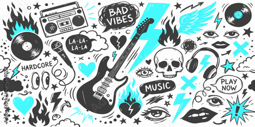 Doodle illustration of rock and roll music culture elements with skulls, guitars, headphones, and vinyl records, set against a white background.