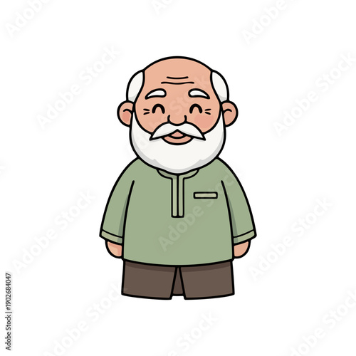 Smiling elderly man character vector illustration wearing a green muslim tunic for a Ramadan theme design in a cheerful cartoon person icon art style.