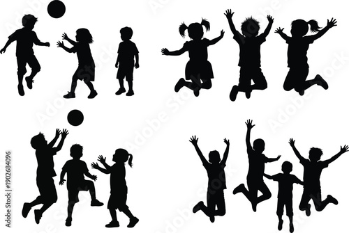 Silhouette of children playing volleyball in various dynamic poses