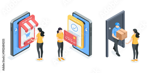 An isometric vector illustration of women buying goods in an online store on  smartphone screen and paying for it with card, and courier delivering the order to her home, in color on white background