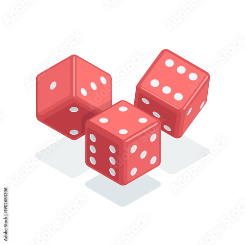 Isometric vector three red dice, in color on a white background, game or lottery