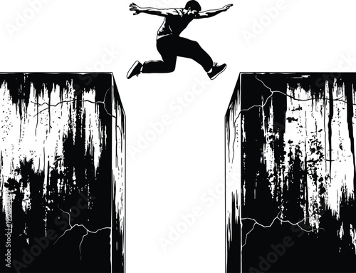 Silhouette of a person jumping over two dark structures