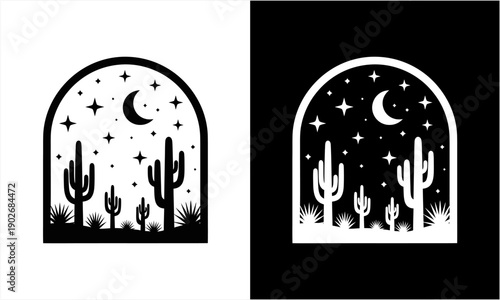 Desert night scene with saguaro cacti under a starry sky and crescent moon.