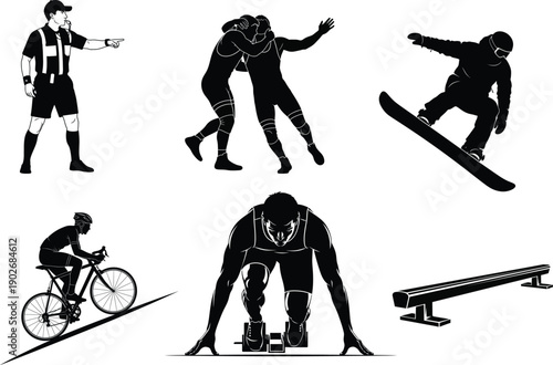 Silhouette of various sports activities and a bench